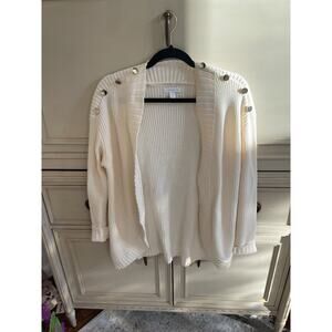 Charter Club Beige Knit‎ Open Front Cardigan Gold Button Shoulder Cotton Blend M